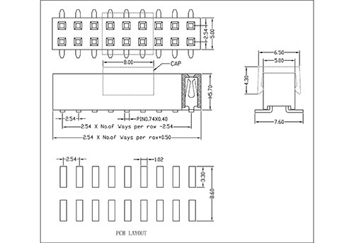 2.54 mm Female Header Dual Row SMT Type H5.7 FHEM11-XXDXXX 2.54 mm Female Header Dual Row SMT Type H5.7 FHEM11-XXDXXX